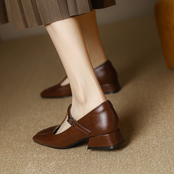 Velora Genuine Leather Square-Toe Mary Jane Pumps