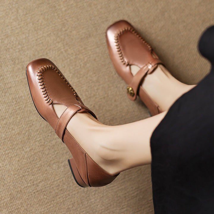 Krea Genuine Leather Whipstitch T-Strap Pumps