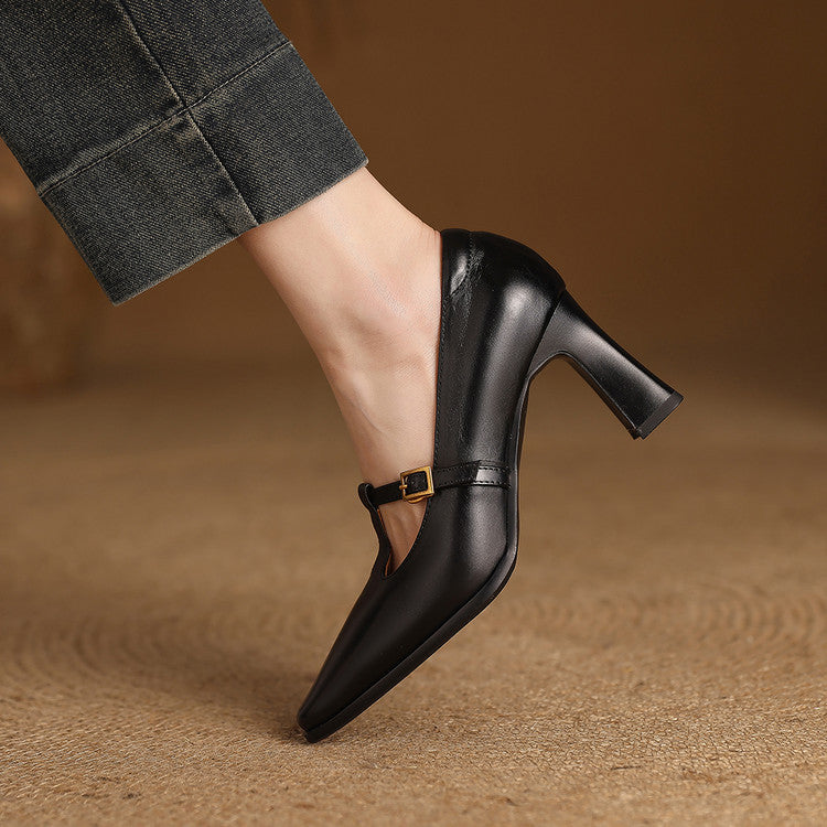 Elodie Genuine Leather T-Strap Heel Pumps