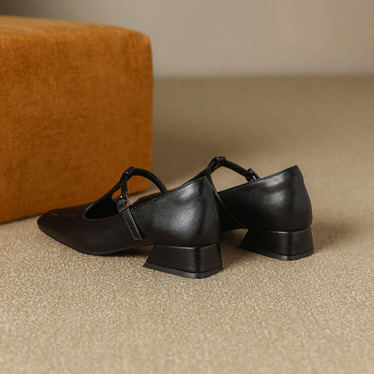 Velora Genuine Leather Square-Toe Mary Jane Pumps