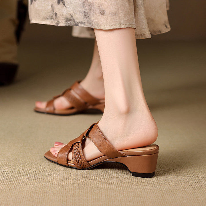 Solae Genuine Leather Square-Toe Slide Sandals