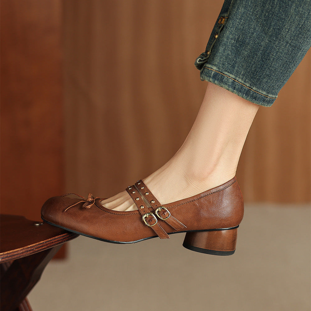 Alba Genuine Leather Studded Mary Jane Pumps