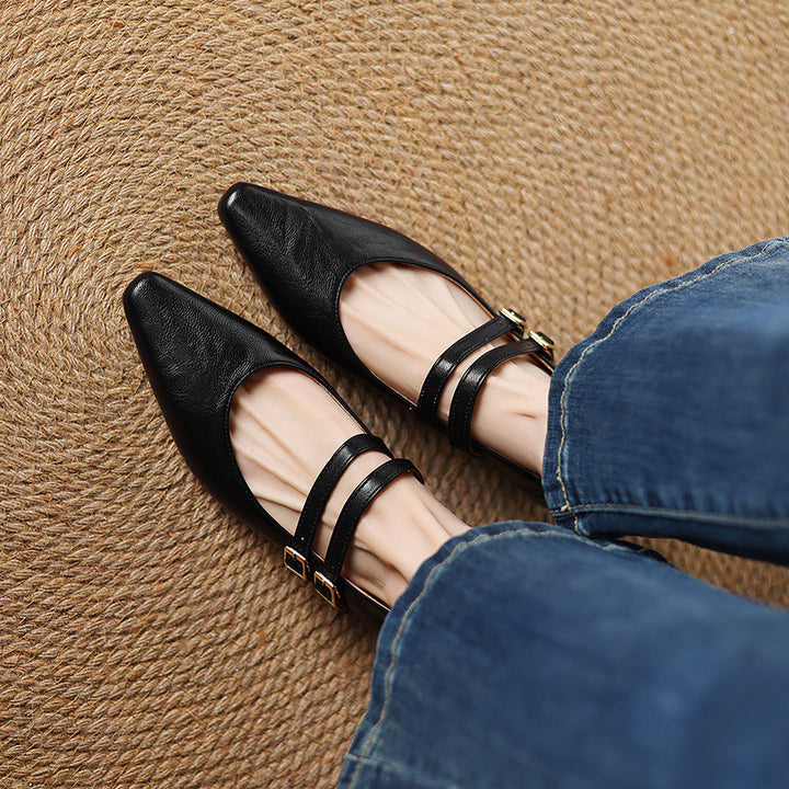 Noel Genuine Leather Dual-Strap Mary Jane Flats