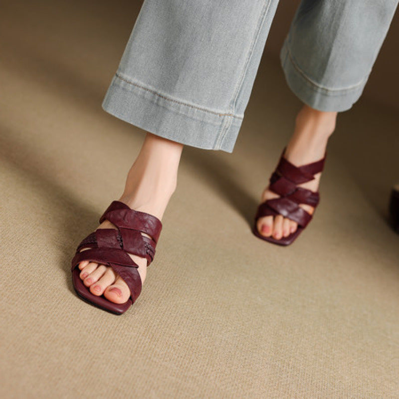 Solae Genuine Leather Square-Toe Slide Sandals
