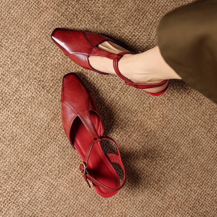 Elain Genuine Leather T-Strap Slingback Heels