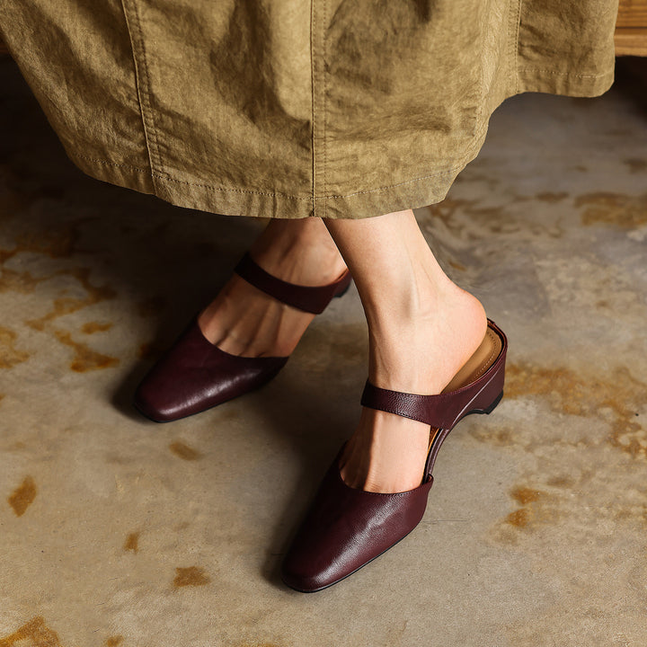 Cavie Genuine Leather Square-Toe Mules