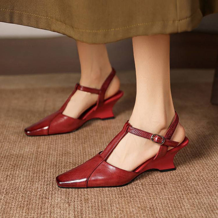 Elain Genuine Leather T-Strap Slingback Heels