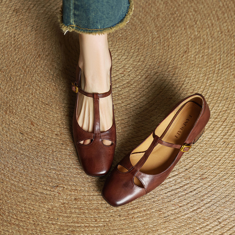 Yuna Genuine Leather T-Strap Mary-Jane Heels