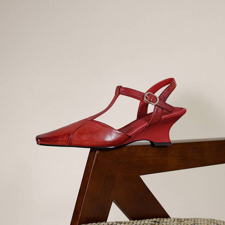 Elain Genuine Leather T-Strap Slingback Heels