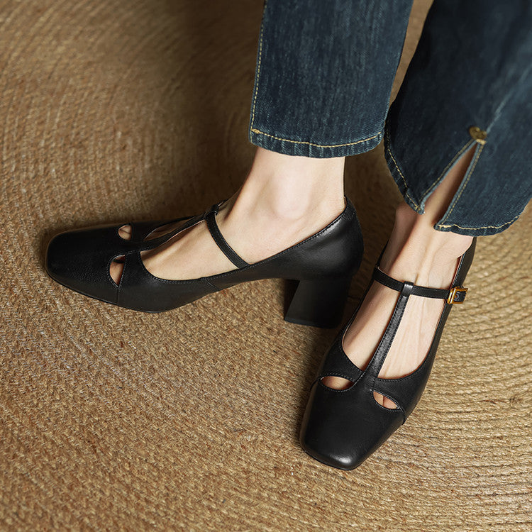 Yuna Genuine Leather T-Strap Mary-Jane Heels