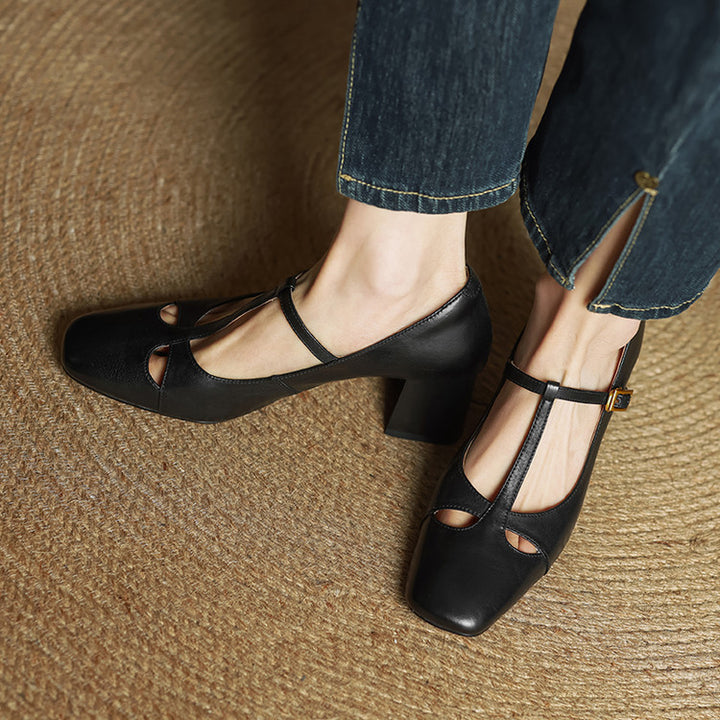 Yuna Genuine Leather T-Strap Mary-Jane Heels