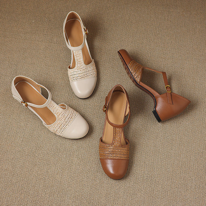Julie Genuine Leather T-Strap Woven Heels