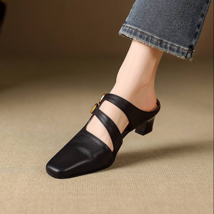 Adele Genuine Leather Dual-Strap Mules