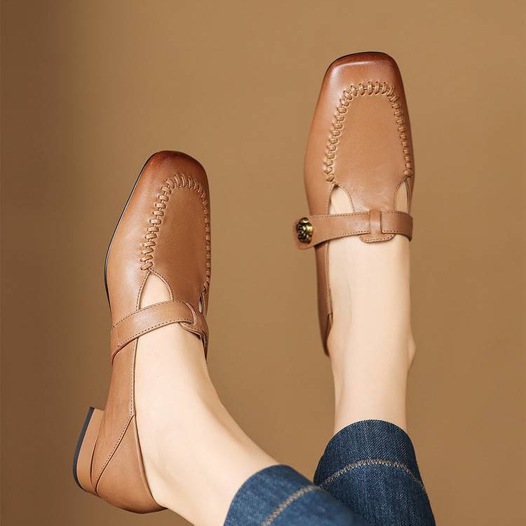 Krea Genuine Leather Whipstitch T-Strap Pumps