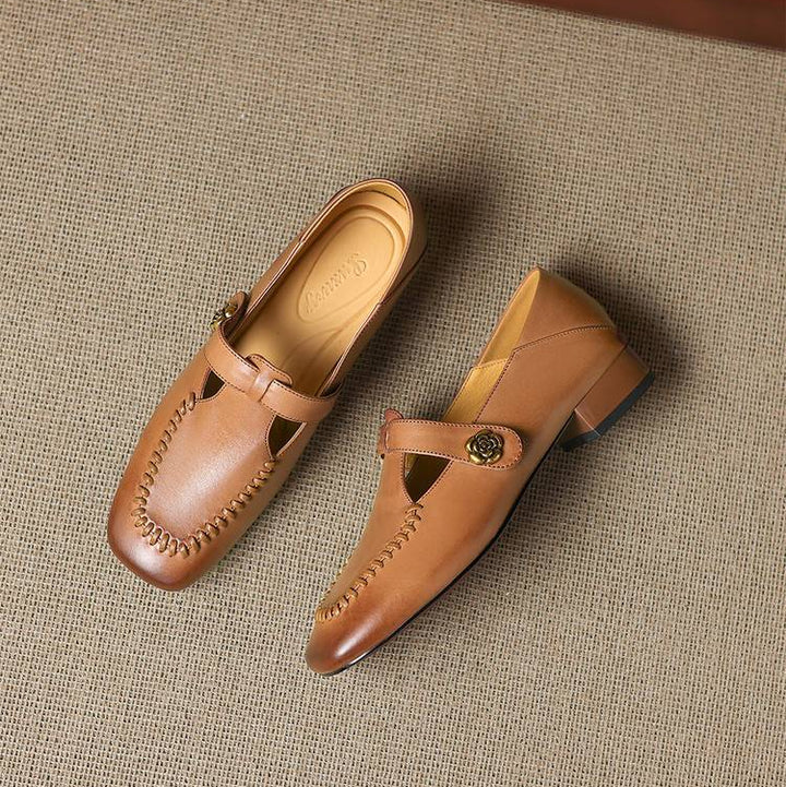 Krea Genuine Leather Whipstitch T-Strap Pumps