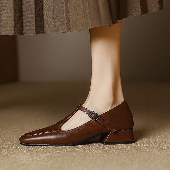 Velora Genuine Leather Square-Toe Mary Jane Pumps
