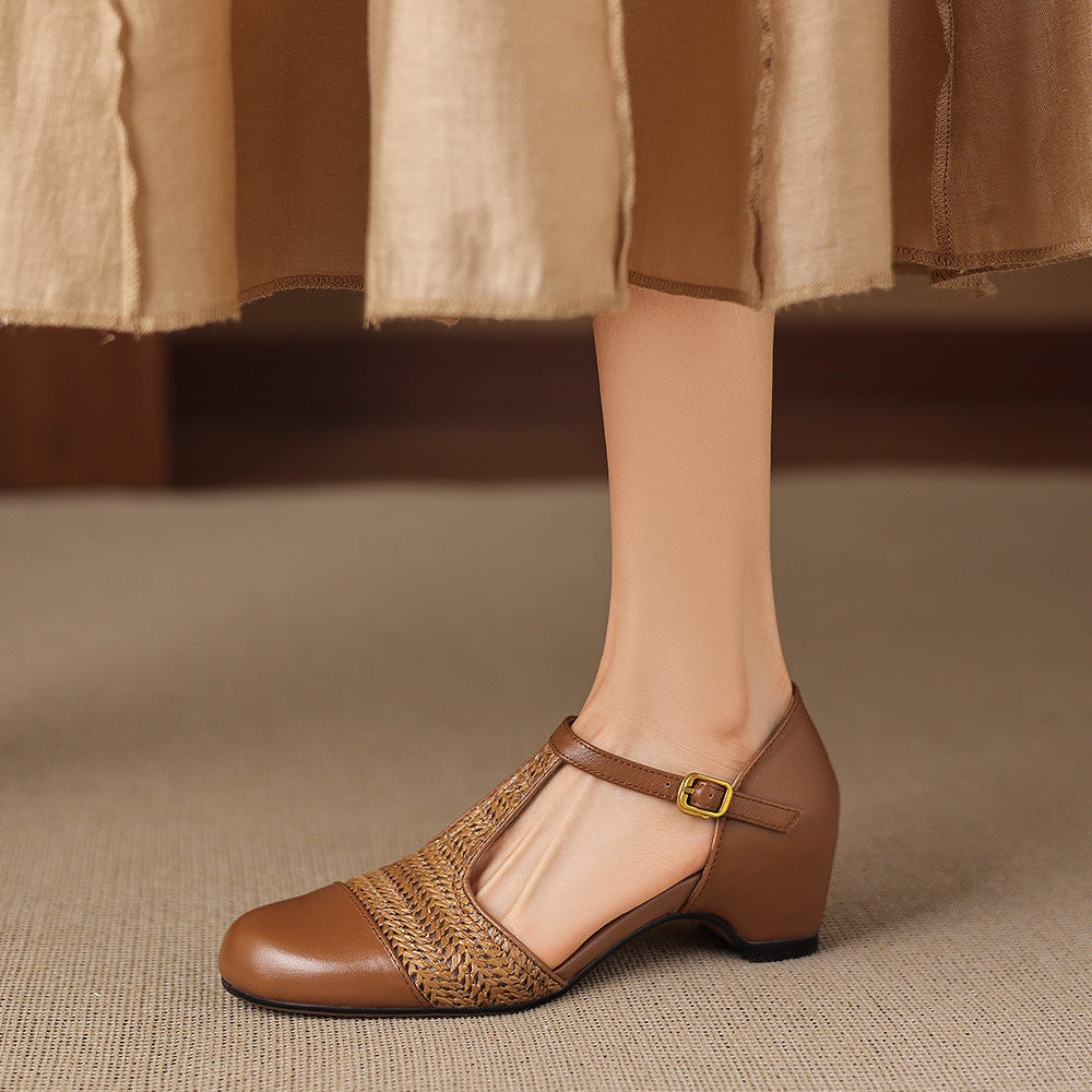 Julie Genuine Leather T-Strap Woven Heels