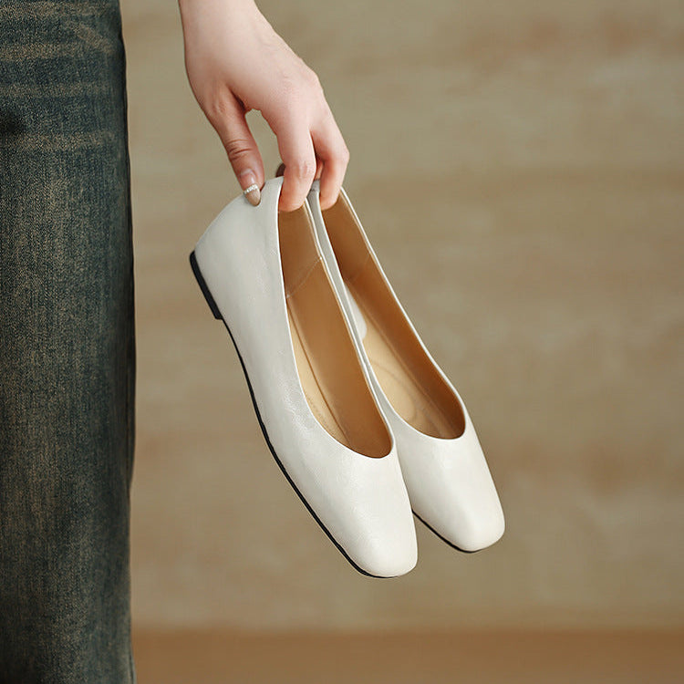 Roma Genuine Leather Square Toe Flat Pumps