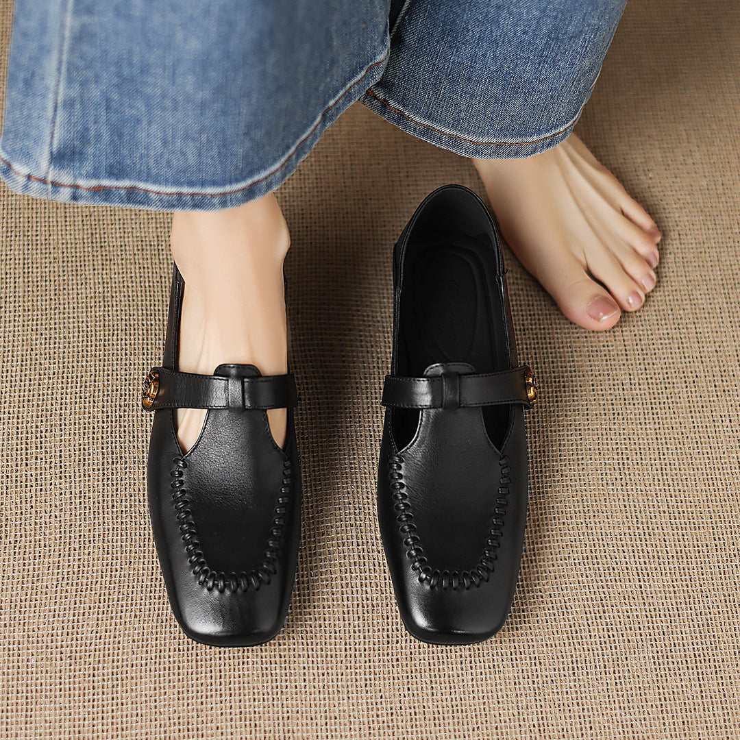 Krea Genuine Leather Whipstitch T-Strap Pumps