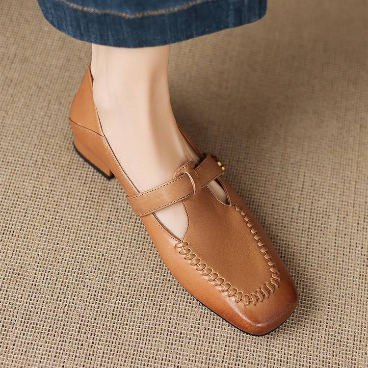 Krea Genuine Leather Whipstitch T-Strap Pumps