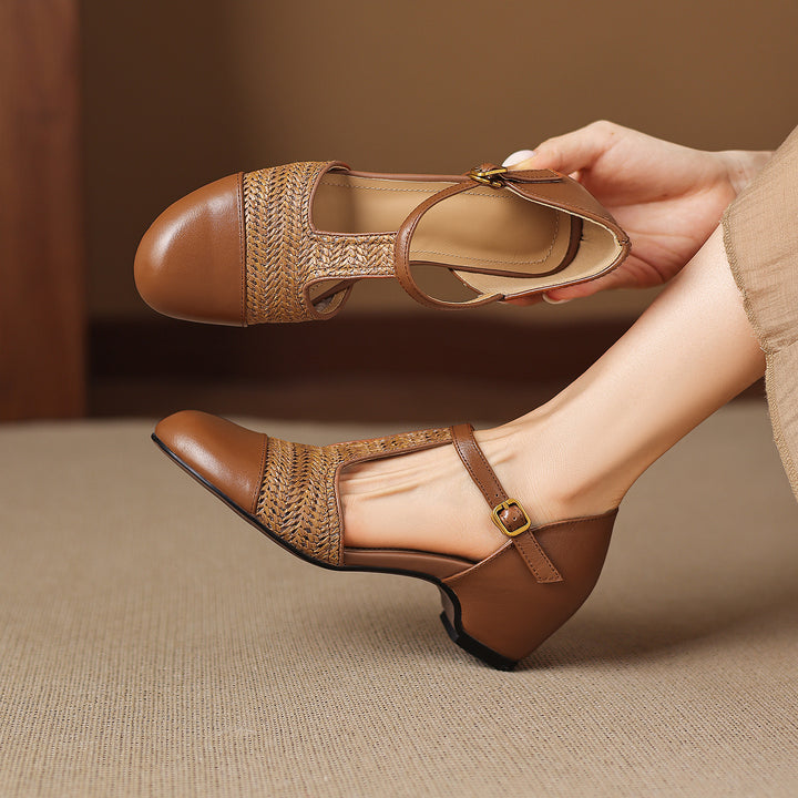 Julie Genuine Leather T-Strap Woven Heels