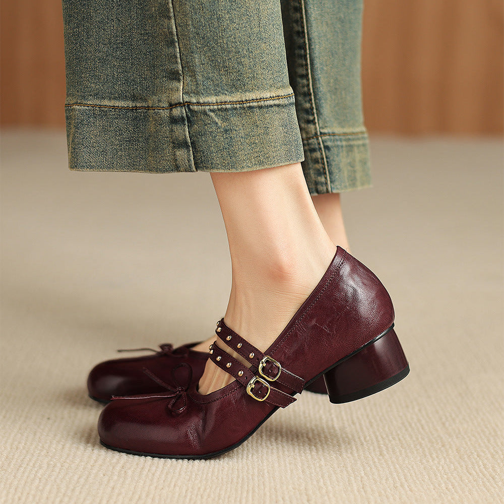 Alba Genuine Leather Studded Mary Jane Pumps