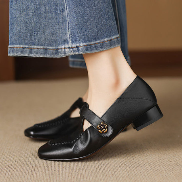 Krea Genuine Leather Whipstitch T-Strap Pumps