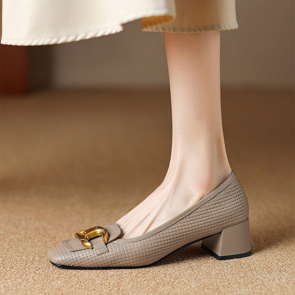 Soho Genuine Leather Block Heel Pumps