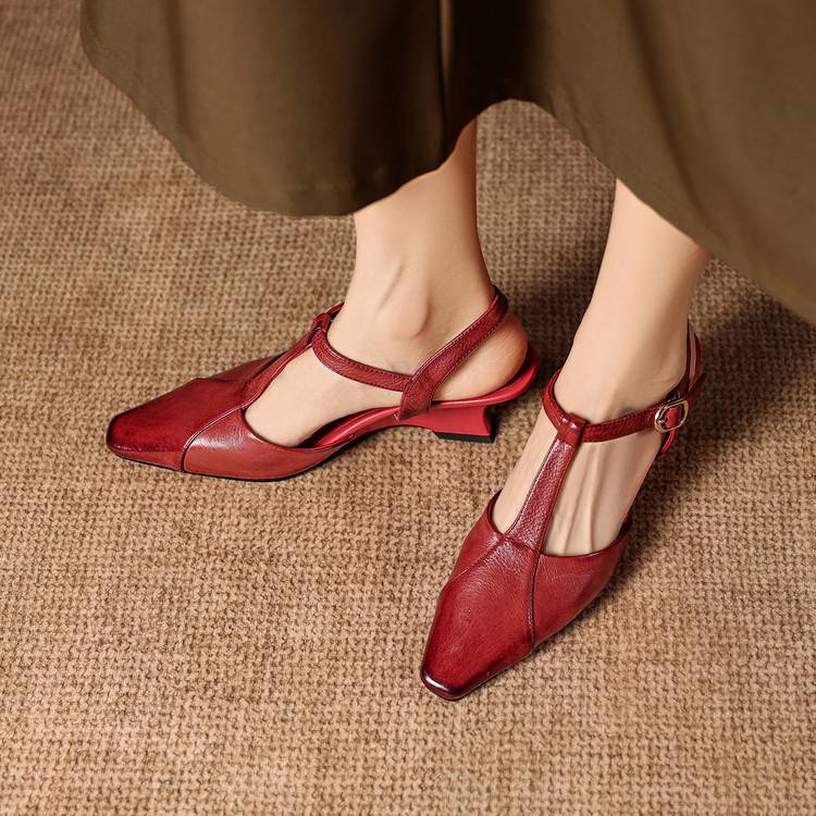 Elain Genuine Leather T-Strap Slingback Heels