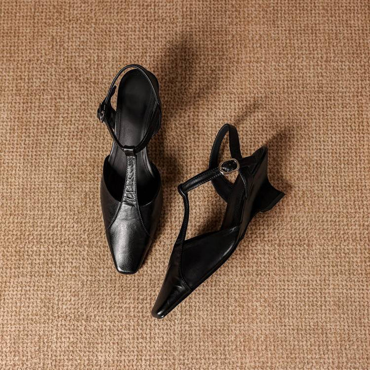 Elain Genuine Leather T-Strap Slingback Heels