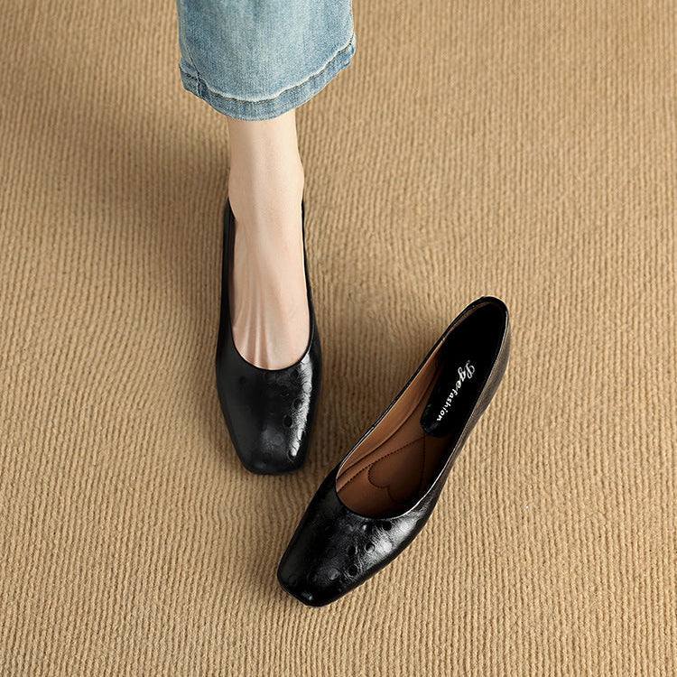 Roma Genuine Leather Square Toe Flat Pumps
