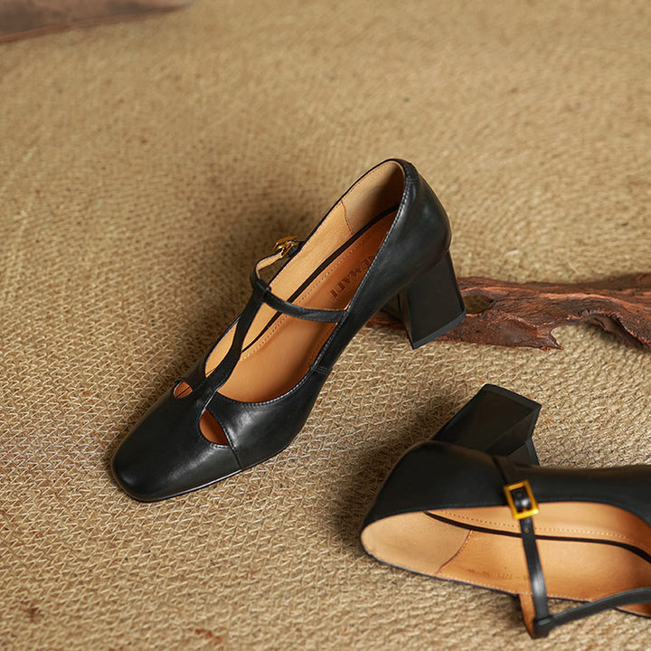 Yuna Genuine Leather T-Strap Mary-Jane Heels