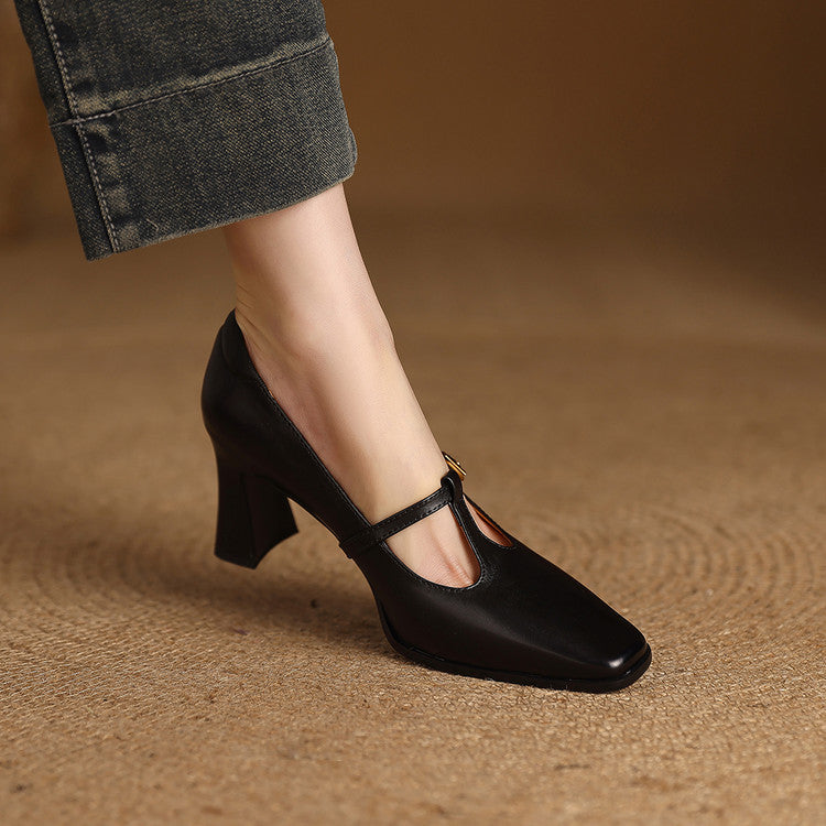 Elodie Genuine Leather T-Strap Heel Pumps