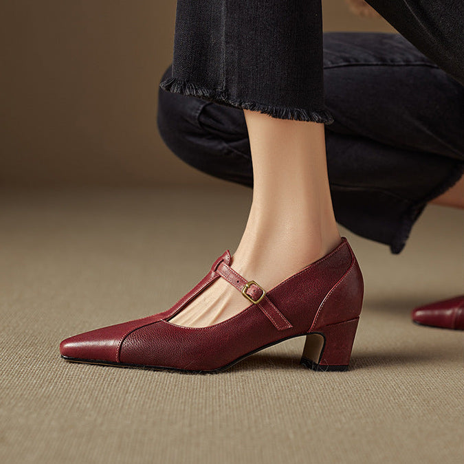 Rovena Genuine Leather T-Strap Heel Pumps