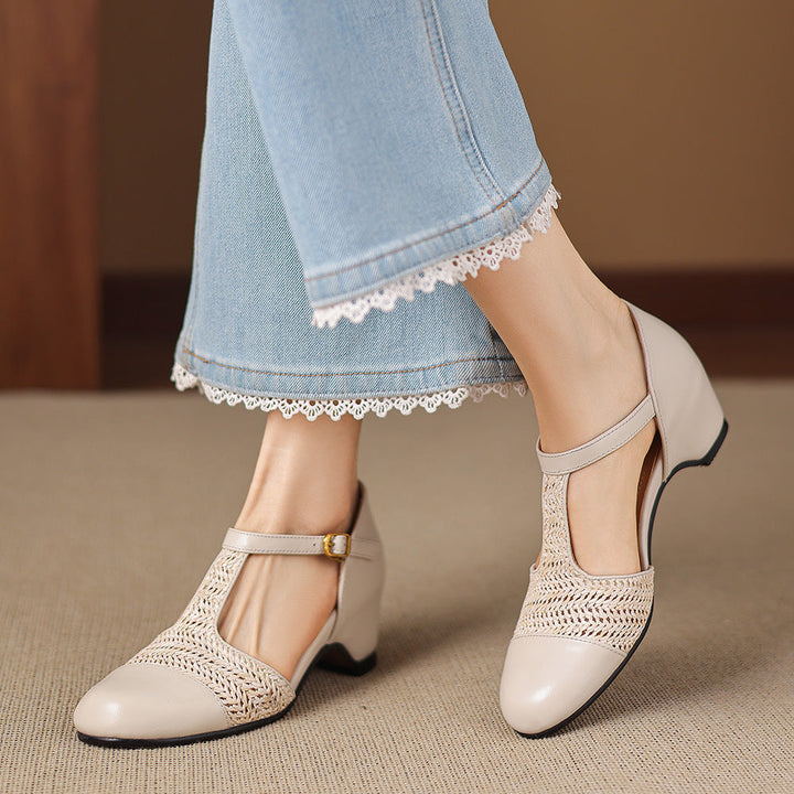 Julie Genuine Leather T-Strap Woven Heels