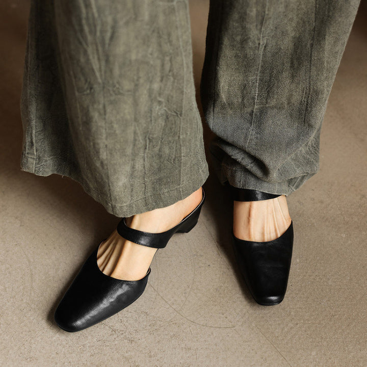 Cavie Genuine Leather Square-Toe Mules
