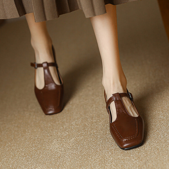 Velora Genuine Leather Square-Toe Mary Jane Pumps