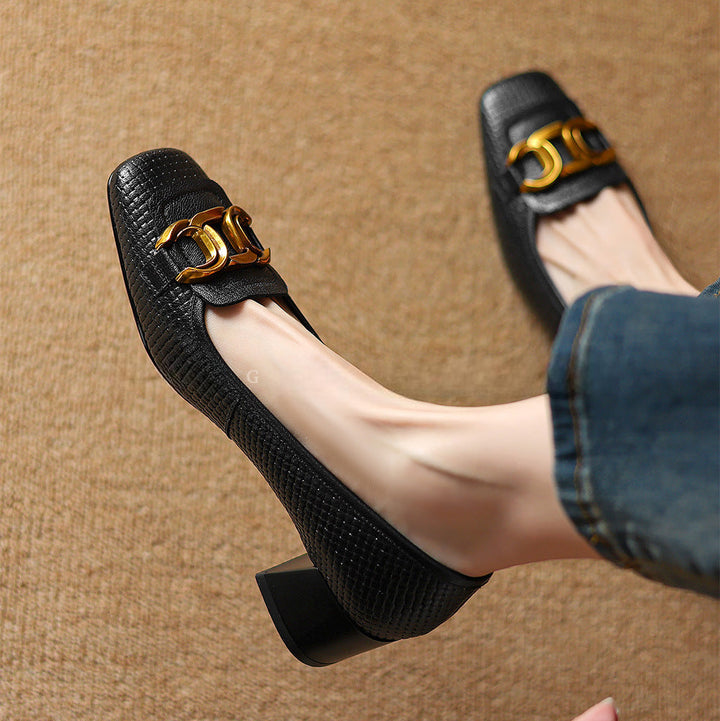 Soho Genuine Leather Block Heel Pumps