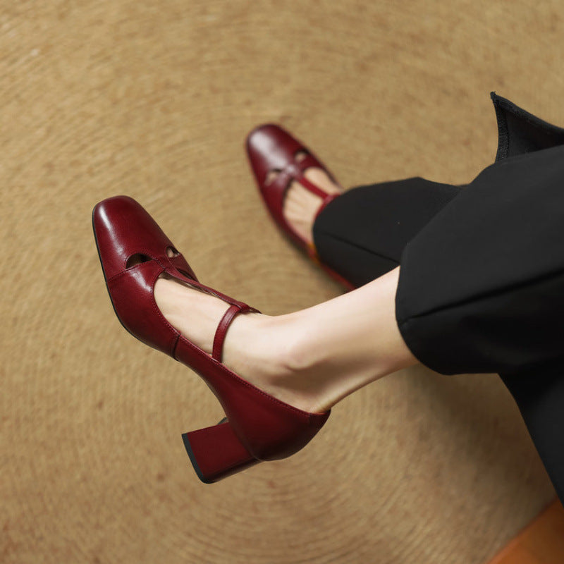 Yuna Genuine Leather T-Strap Mary-Jane Heels