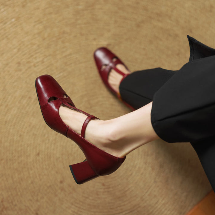 Yuna Genuine Leather T-Strap Mary-Jane Heels