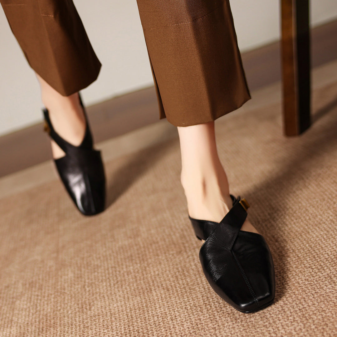 Rea Genuine Leather Square-Toe Mule Pumps