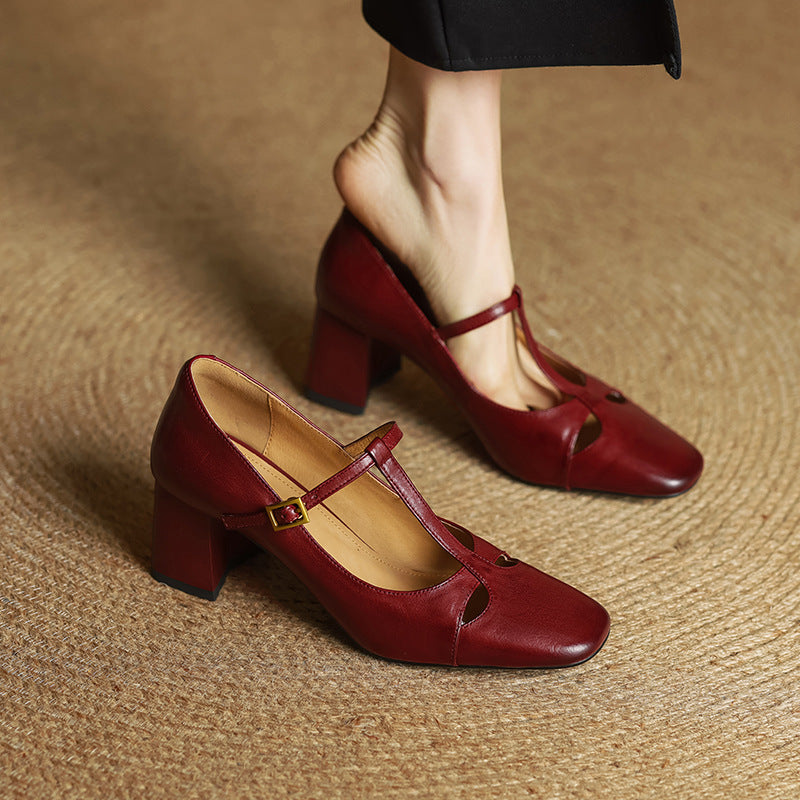 Yuna Genuine Leather T-Strap Mary-Jane Heels