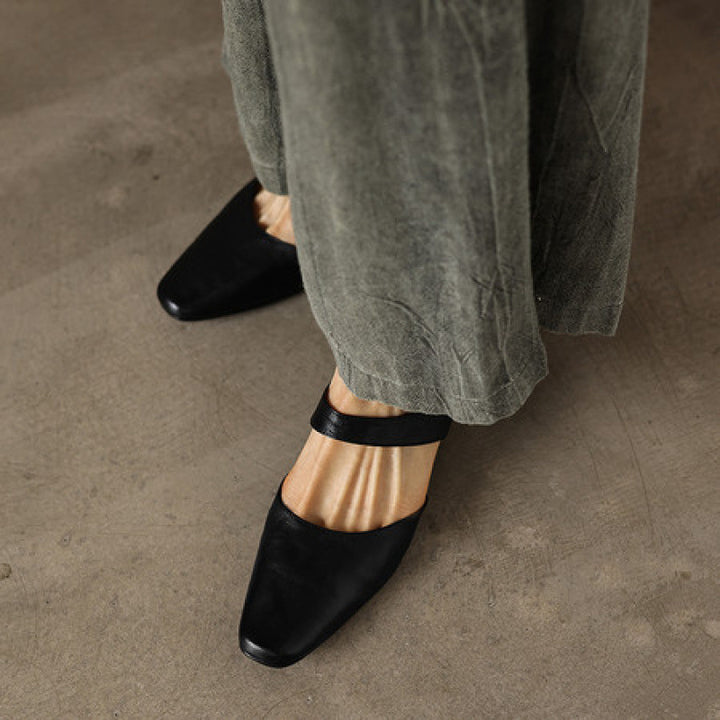 Cavie Genuine Leather Square-Toe Mules