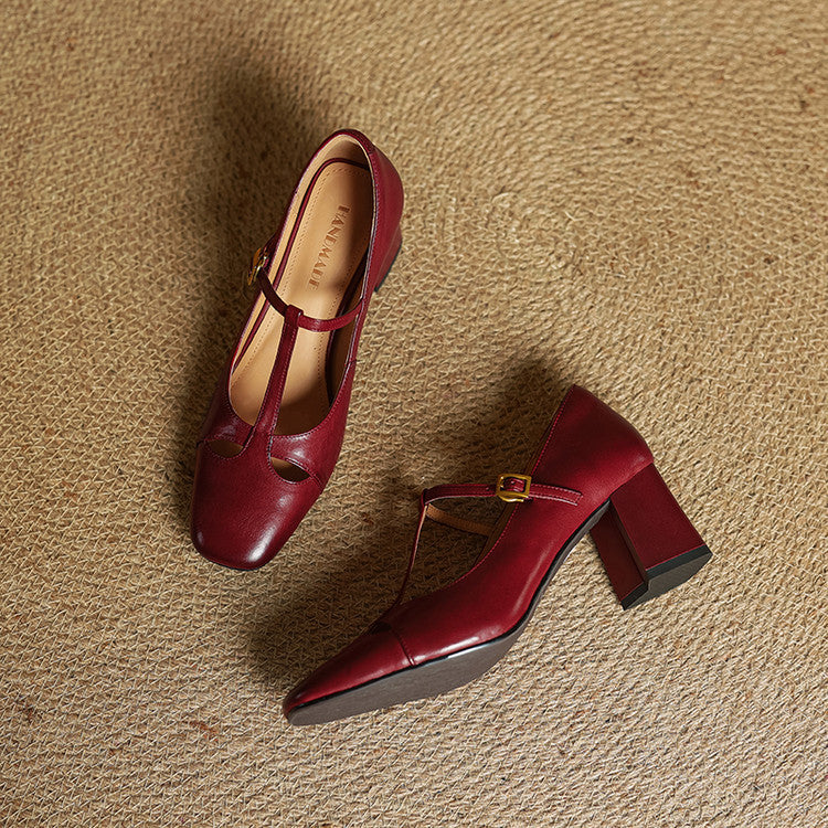 Yuna Genuine Leather T-Strap Mary-Jane Heels