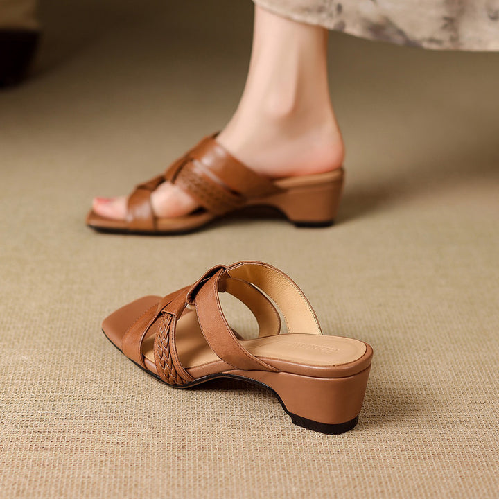 Solae Genuine Leather Square-Toe Slide Sandals