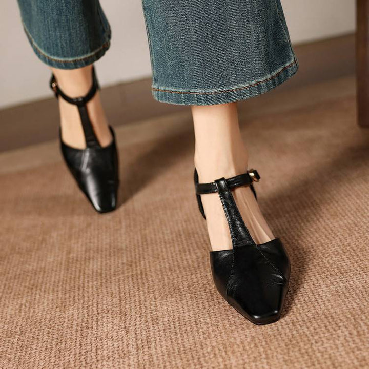 Elain Genuine Leather T-Strap Slingback Heels