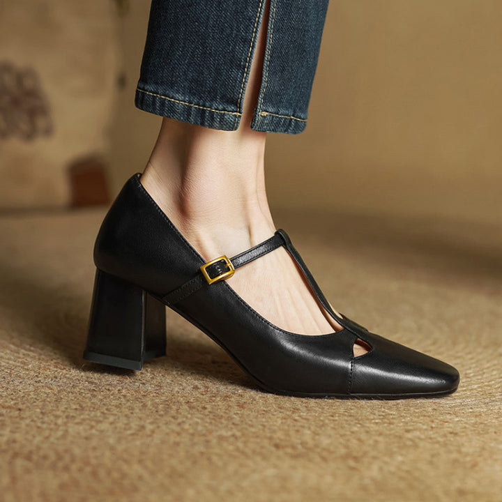 Yuna Genuine Leather T-Strap Mary-Jane Heels