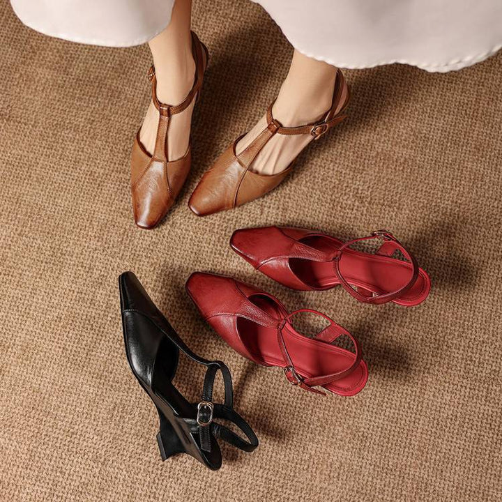 Elain Genuine Leather T-Strap Slingback Heels