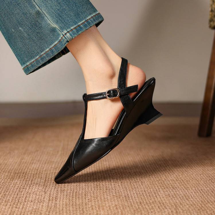 Elain Genuine Leather T-Strap Slingback Heels