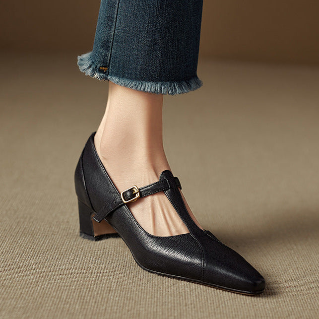 Rovena Genuine Leather T-Strap Heel Pumps